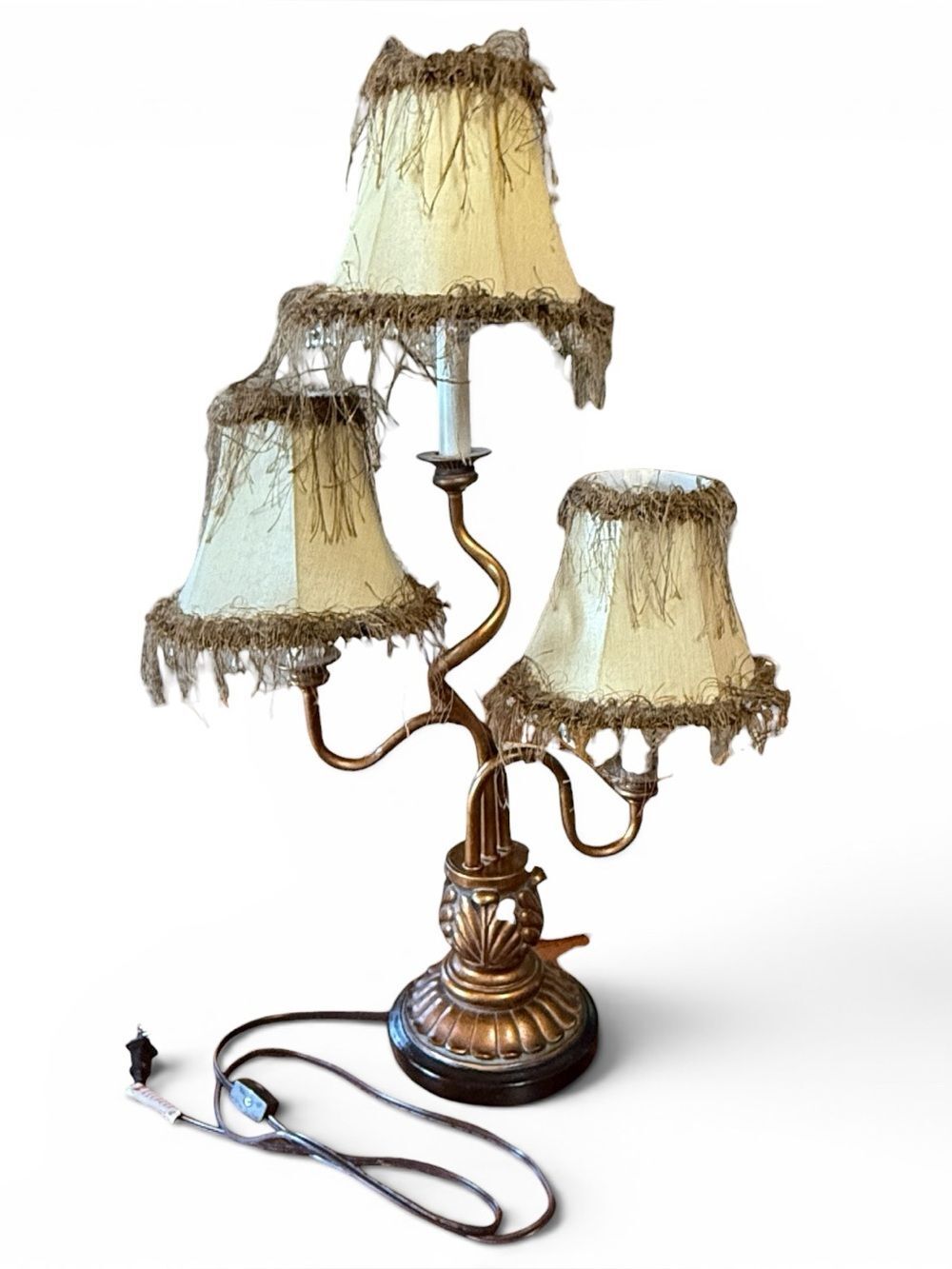 Vintage Hollywood Regency Table Lamp Tiered 3 Vined Arms Fringe Jeweled Shades